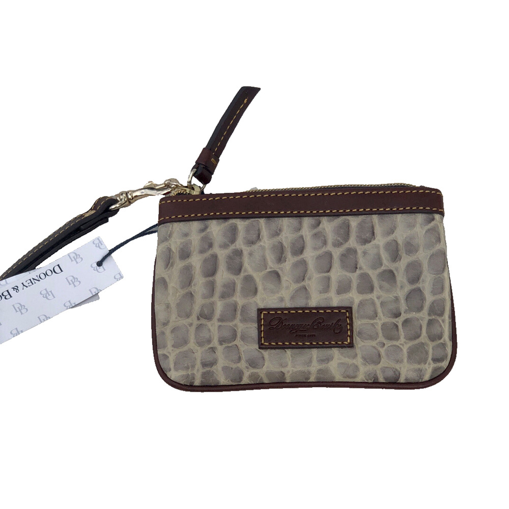 Dooney And Bourke Wristlet Gray Beige Brown Embossed Leather Zip Women B000524
